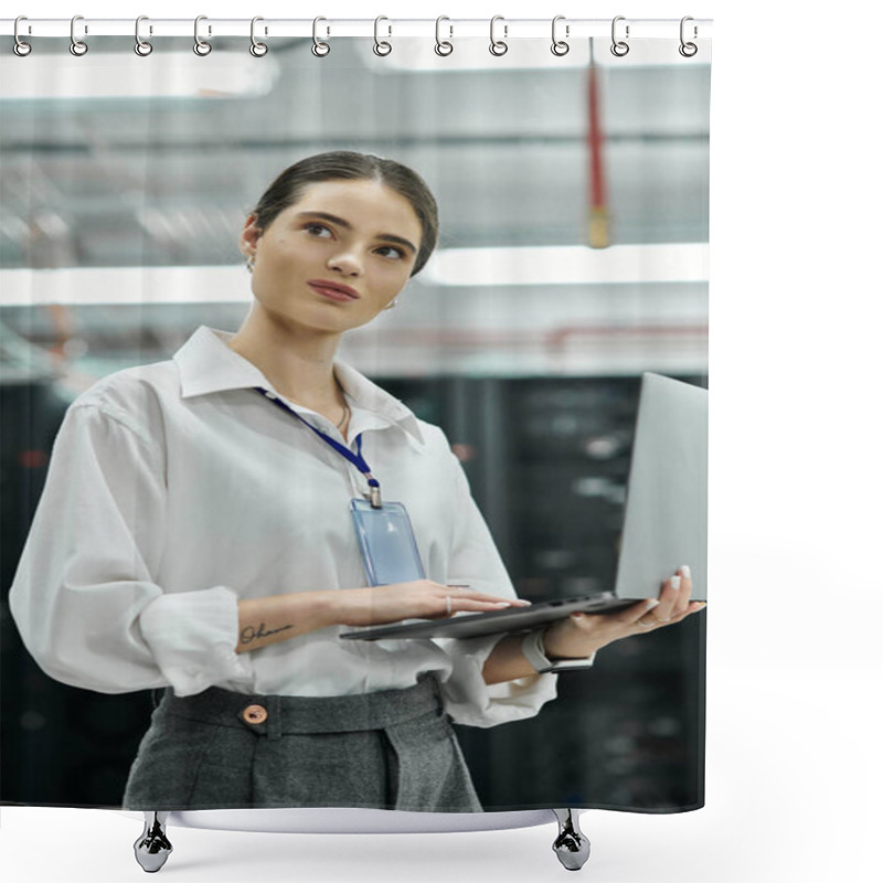 Personality  A Skilled Woman In A White Shirt Works Intently In A High-tech Server Room Managing Network Systems. Shower Curtains