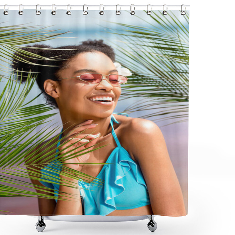 Personality  Young Smiling African American Woman In Sunglasses With Flower In Hair Near Palm Leaves In Front Of Sea Shower Curtains