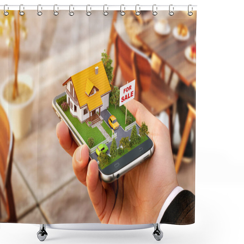 Personality  Smartphone Application For Online Searching, Buying, Selling And Booking Real Estate. Unusual 3D Illustration Of Beautiful House On Smart Phone In Hand Shower Curtains