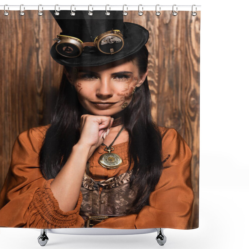 Personality  Front View Of Attractive Woman Propping Chin With Fist And Looking At Camera On Wooden Shower Curtains