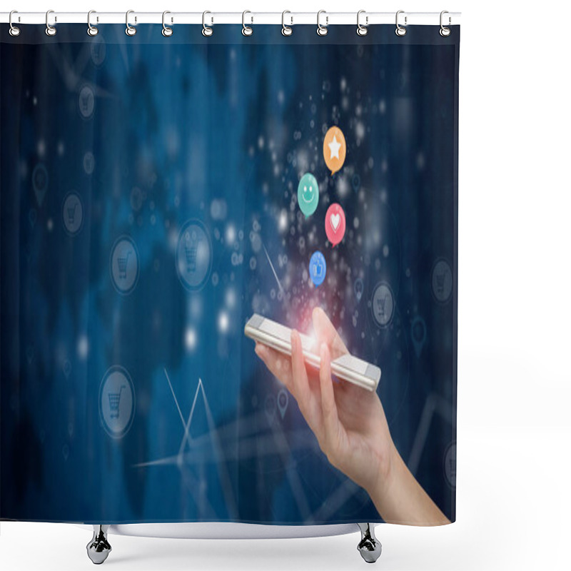 Personality  Woman Hand Pressing On Smartphone With Smiley Face, Like, Love And Star Emoticons On Virtual Touch Screen. Customer Service Evaluation Concept. Shower Curtains