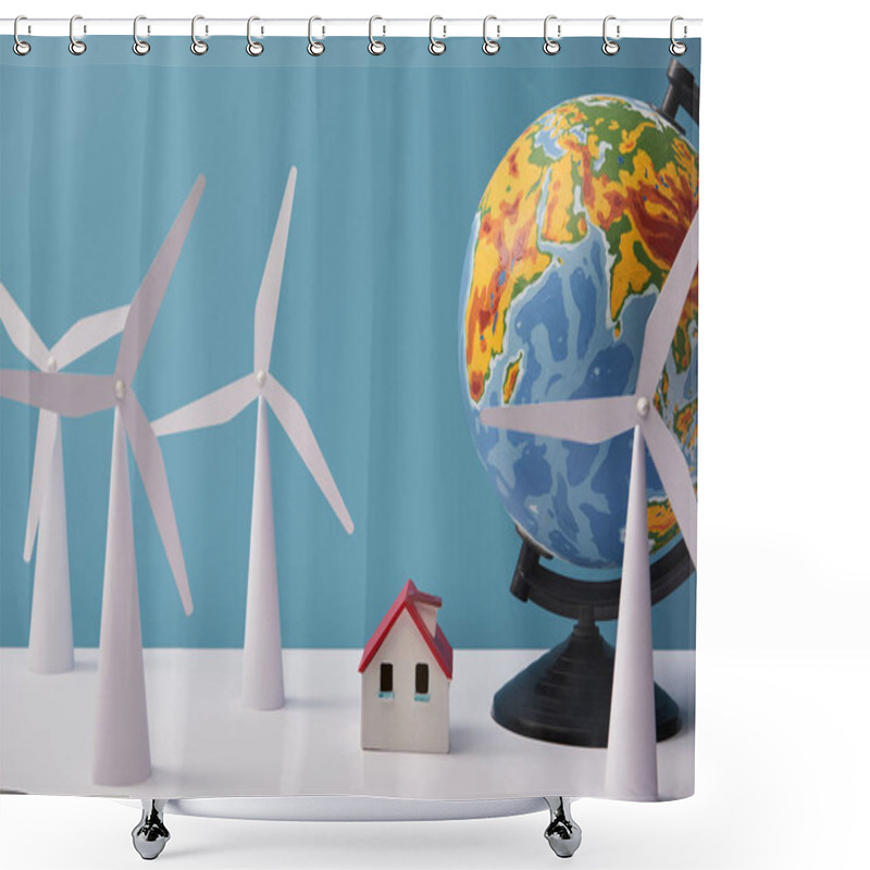 Personality  Windmill And House Models With Globe On White Table And Blue Background Shower Curtains