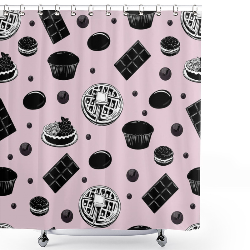 Personality  Seamless Pattern Of Desserts On Pink Background. Black And White Pastry Illustration With Pink. Stylish Food Illustration With Sweets And Pastries Shower Curtains