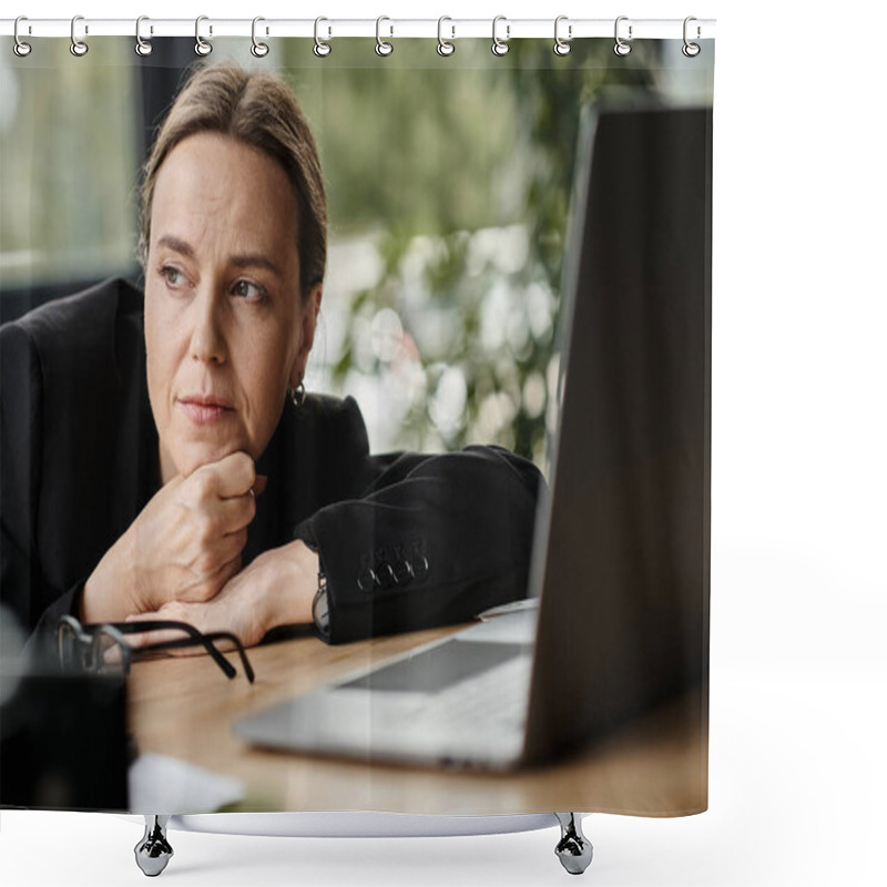 Personality  A Woman Gazes At Her Laptop On A Desk. Shower Curtains