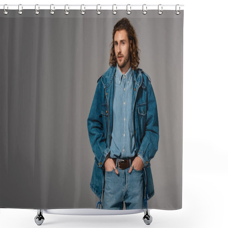 Personality  Handsome And Stylish Man In Denim Jacket And Jeans With Hands In Pockets Isolated On Grey Shower Curtains