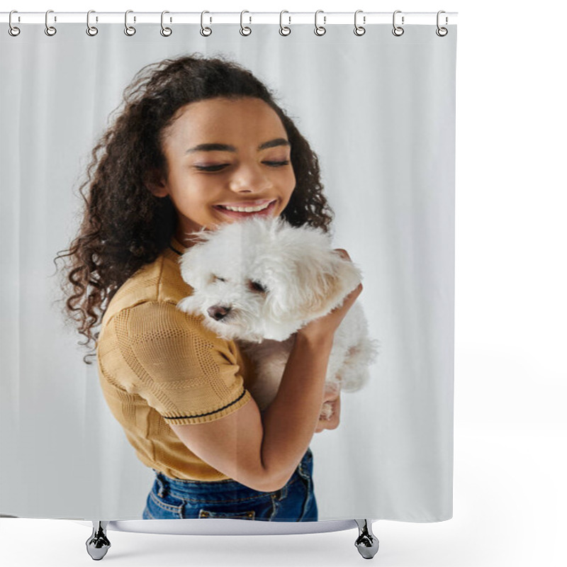 Personality  A Woman Lovingly Holds Her White Bichon Frise In Her Arms. Shower Curtains