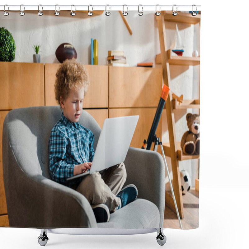 Personality  Cute Kid Sitting In Armchair And Using Laptop  Shower Curtains