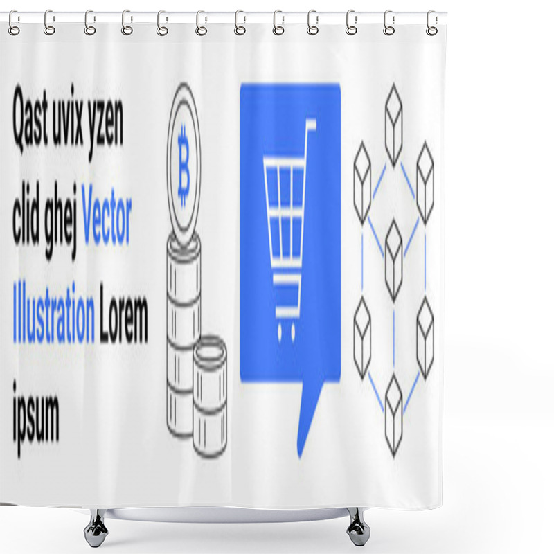 Personality  Stacks Of Coins With A Bitcoin Symbol, A Blue Speech Bubble With A Shopping Cart, And Geometric Cubes Forming A Blockchain Network. Ideal For Fintech, E-commerce, Blockchain Technology Shower Curtains