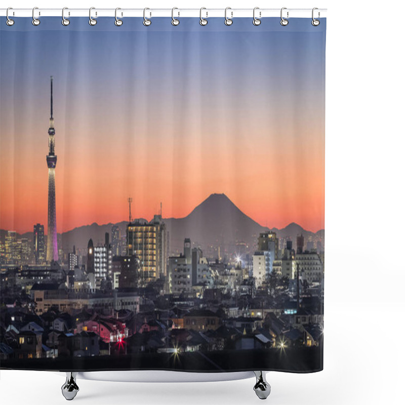 Personality  Tokyo Sky Tree Landmark With Downtown Buildings Area And Mountain Fuji In Winter Season Shower Curtains