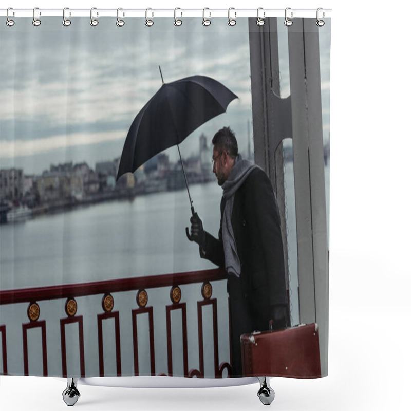 Personality  Adult Man With Umbrella And Luggage Walking By Bridge Shower Curtains