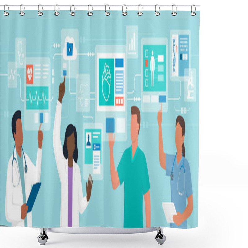 Personality  Professional Doctors Interacting With Virtual Interfaces Online, They Are Checking Electronic Medical Records, Telemedicine And Virtual Reality Concept Shower Curtains