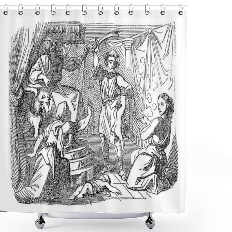 Personality  Vintage Drawing Of King Judging Two Women. Biblical Story Of Wise Judgement Of King Solomon About Baby. Bible, 1 Kings 3 Shower Curtains