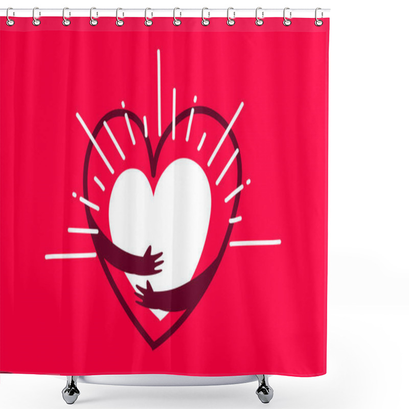 Personality  Vector Red Cute Happy Heart With Hands Hugging Self On Red Background, World Heart Day Shower Curtains