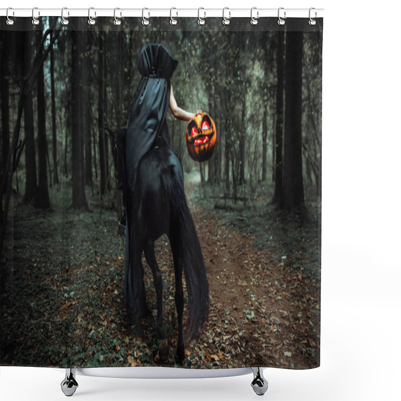 Personality  Mask In The Form Of A Pumpkin With Burning Eyes. Creepy Girl Costume For Halloween. A Rider In A Long Black Cloak Holds A Horse By The Bridle. Cosplay Of A Gloomy Image In The Autumn Forest Shower Curtains