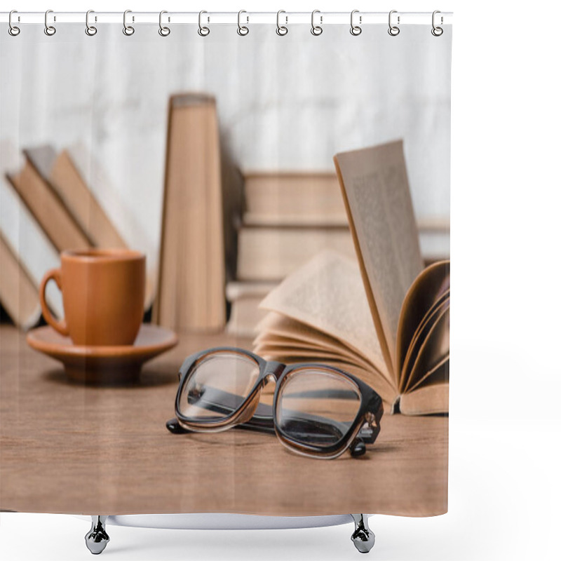 Personality  Close-up View Of Eyeglasses, Cup Of Coffee And Books On Wooden Table Shower Curtains