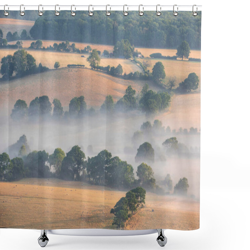 Personality  Stunning Landscape Image Of Layers Of Mist Rolling Over South Downs National Park English Countryside During Misty Summer Sunrise Shower Curtains