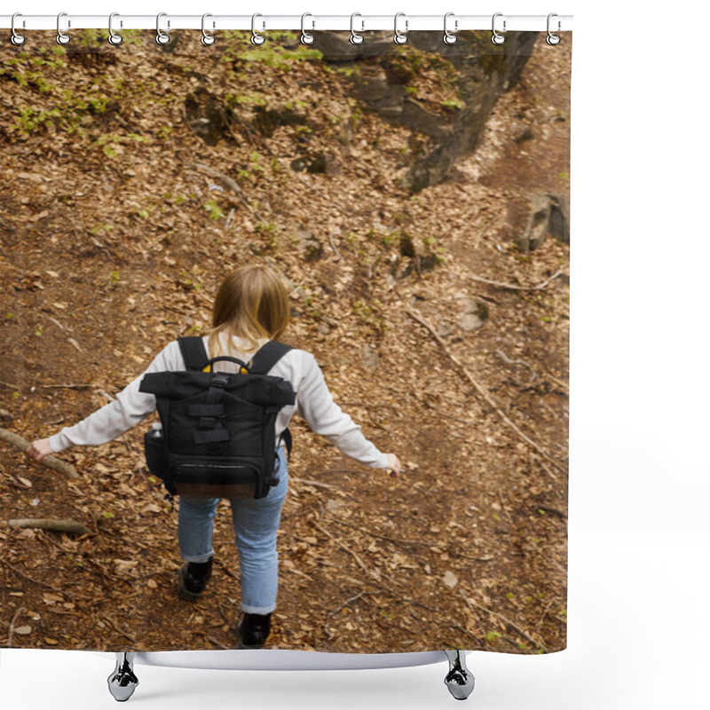 Personality  Back View Of Active Blonde Female Hiker Wearing Sweater And Jeans Crossing The Forest While Hiking Shower Curtains