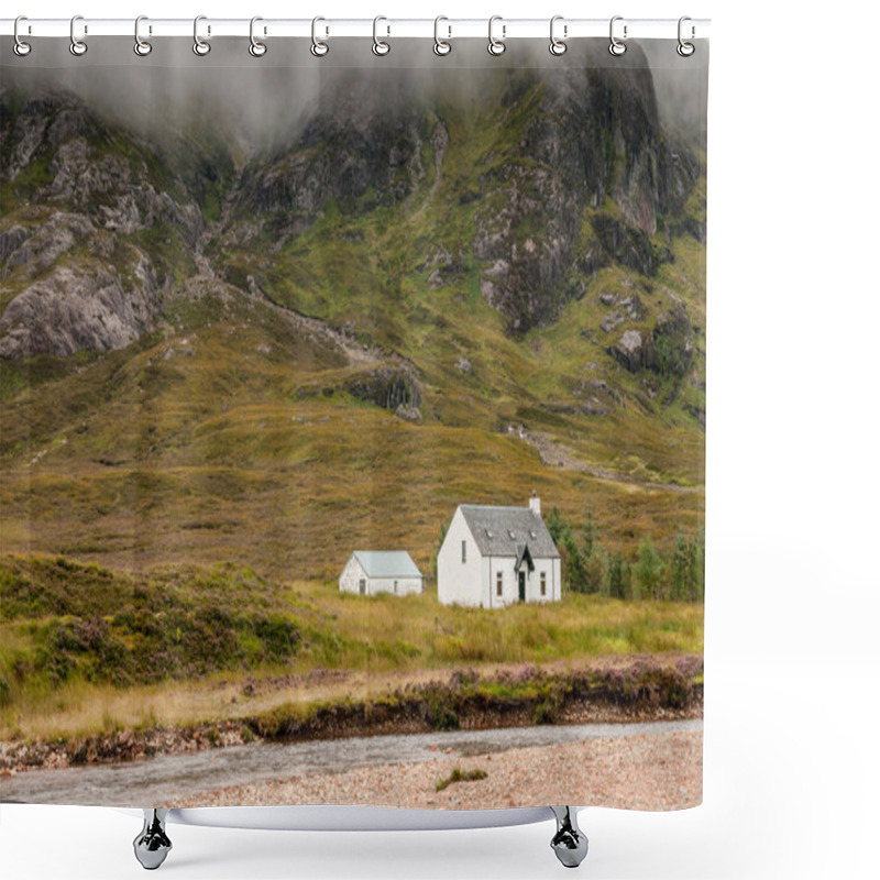 Personality  Typical Scottish White Farmhouse Used As A Guesthouse Or Hostel Under The Mountains In Glencoe Area In The Highlands Of  Scotland UK Shower Curtains