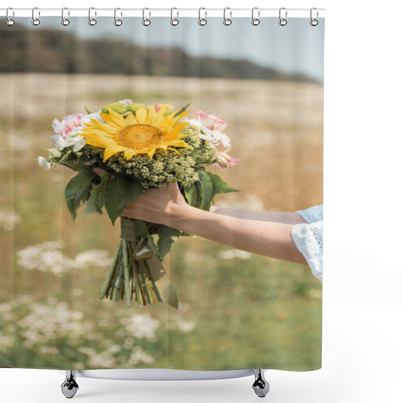 Personality  Cropped Shot Of Woman Holding Bouquet Of Wild Flowers In Field Shower Curtains