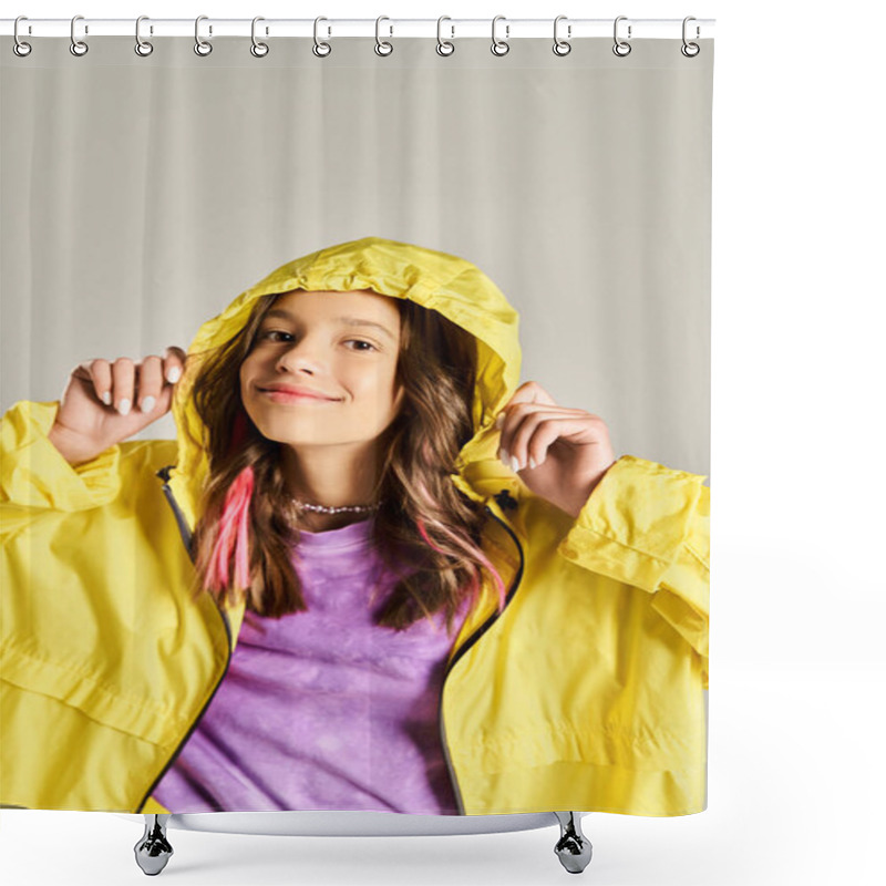 Personality  A Stylish Teenage Girl Poses Actively In A Bright Yellow Raincoat, Exuding Vibrancy And Energy On A Sunny Day. Shower Curtains