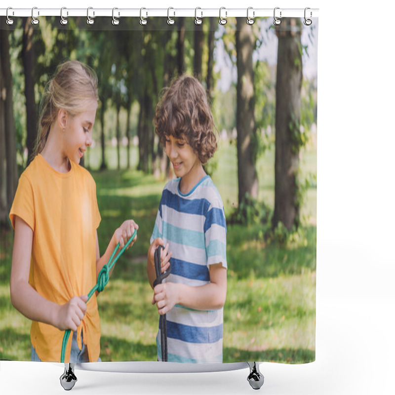 Personality  Happy Children Holding Ropes With Sea Knots Outside  Shower Curtains