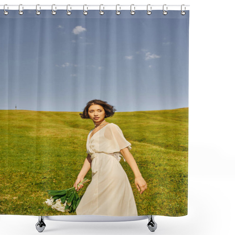 Personality  Charming Asian Bride In Boho Style Dress Walking With Wedding Bouquet On Green Meadow, Rural Setting Shower Curtains