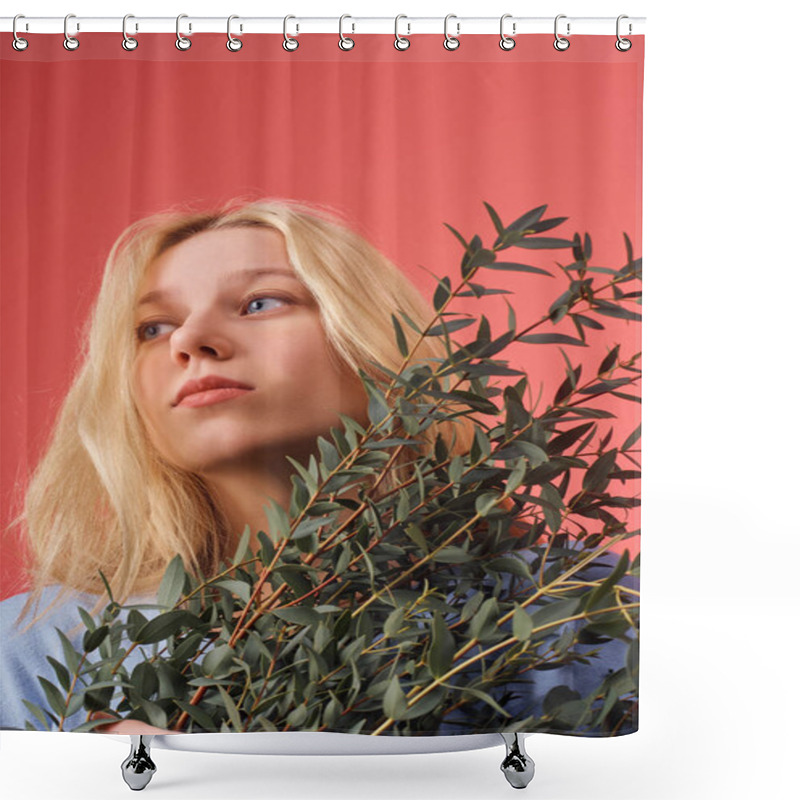 Personality  Beautiful Young Woman With Bunch Of Eucalyptus Branches Isolated On Red Shower Curtains