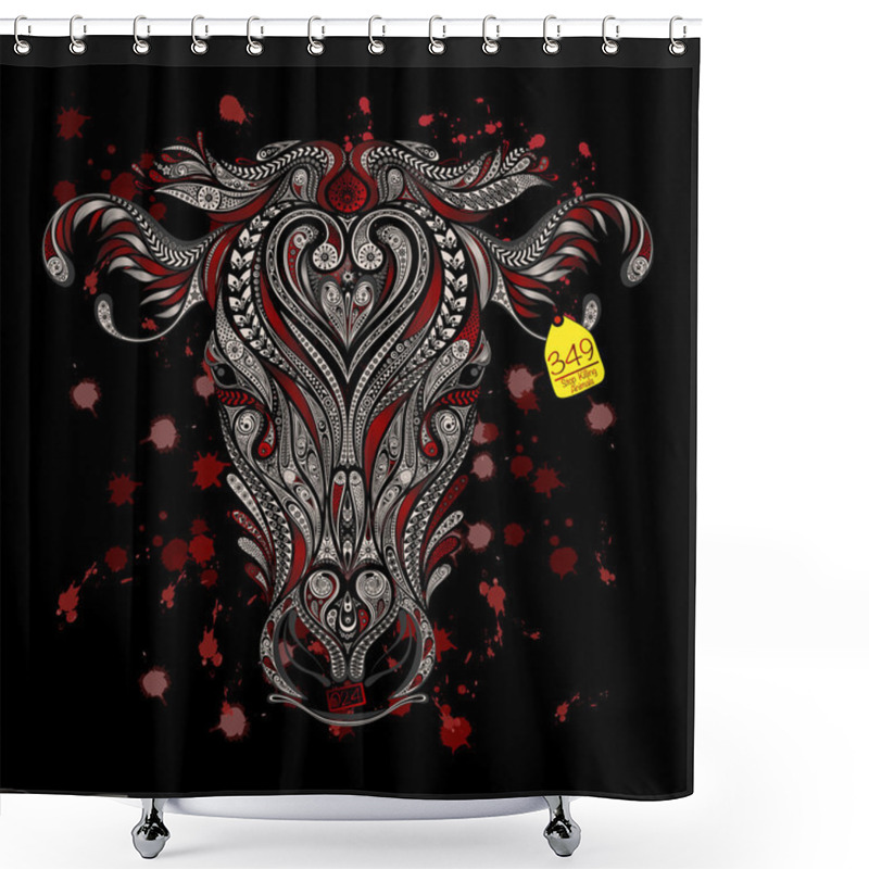 Personality  Animal Protection From Killing In Slaughterhouses. Head Of Cow With Blood Splatters On A Black Background Shower Curtains