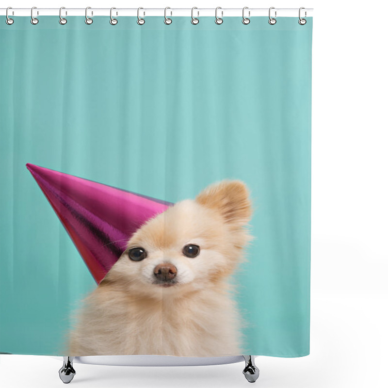 Personality  Dog With Birthdau Hat At Blue Background Shower Curtains