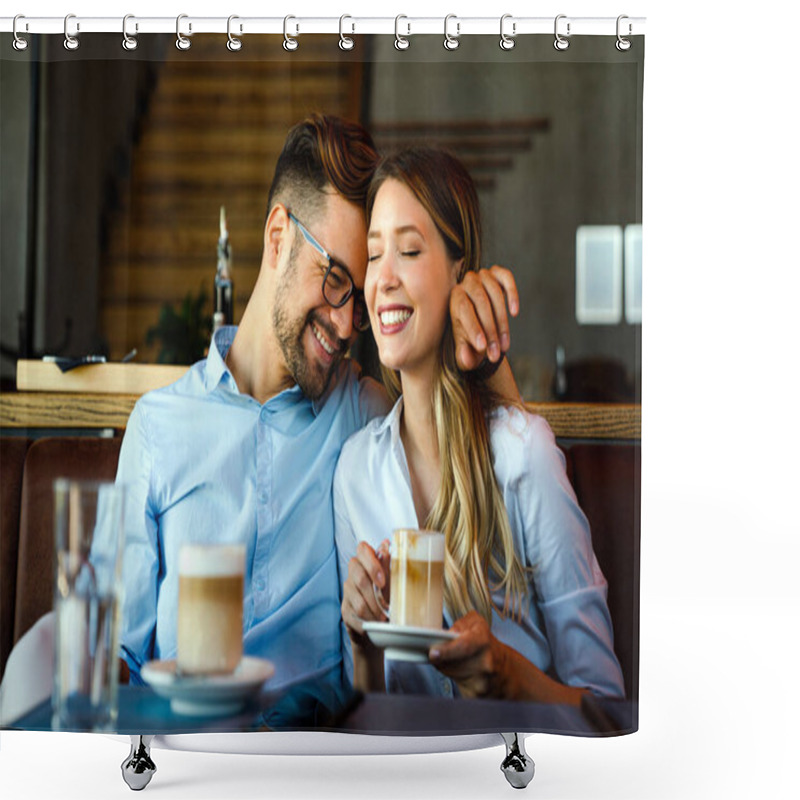 Personality  Romantic Loving Young Couple Drinking Coffee, Having A Date In The Cafe. Shower Curtains