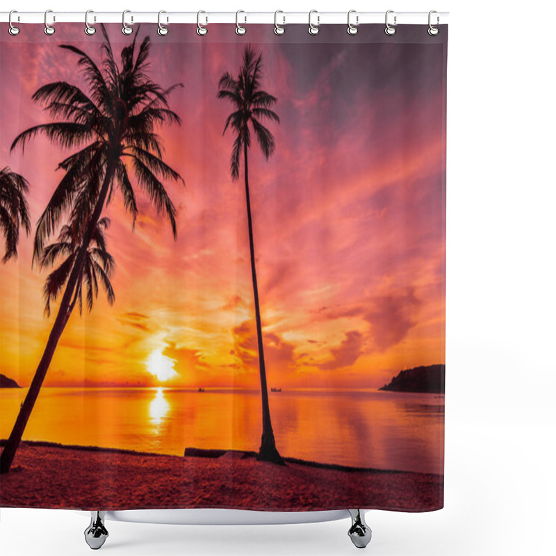 Personality  At Sunset Time On The Tropical Paradise Island Beach And Sea With Coconut Palm Tree For Holiday And Vacation Shower Curtains