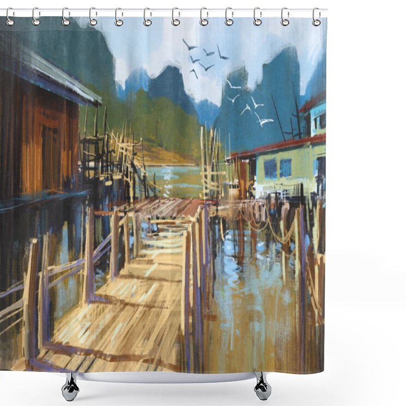 Personality  Fishing Village In Summer Shower Curtains