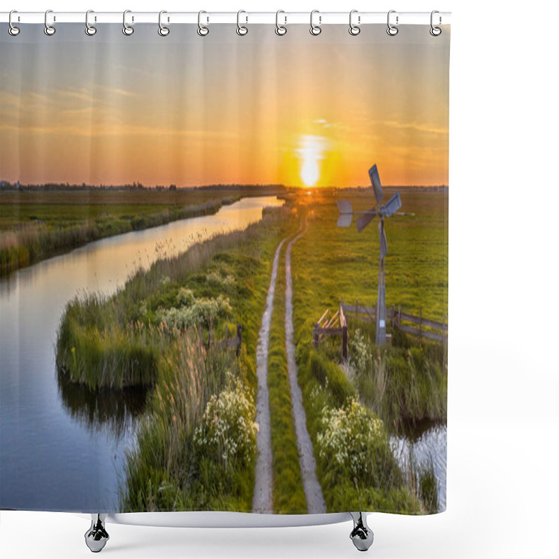 Personality  Aerial View Of American Windmill At Sunset In Dutch Rural Landscape Near Jisp, Noord Holland, Netherlands Shower Curtains