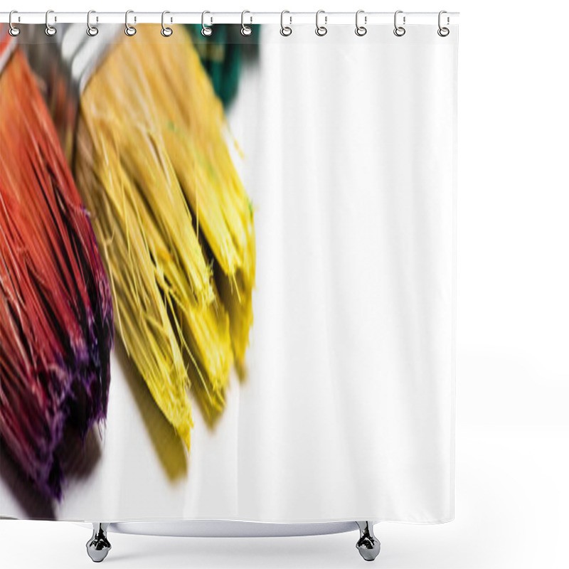 Personality  Close Up View Of Dirty Paintbrushes On White Background, Panoramic Shot Shower Curtains