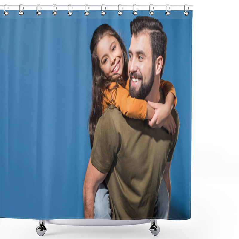 Personality  Father Giving Piggyback To Smiling Daughter On Blue Shower Curtains