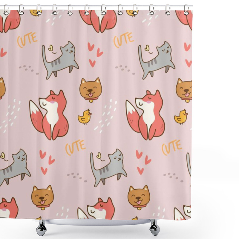 Personality  Seamless Pattern With Cute Cats And Foxes. Vector Illustration Shower Curtains