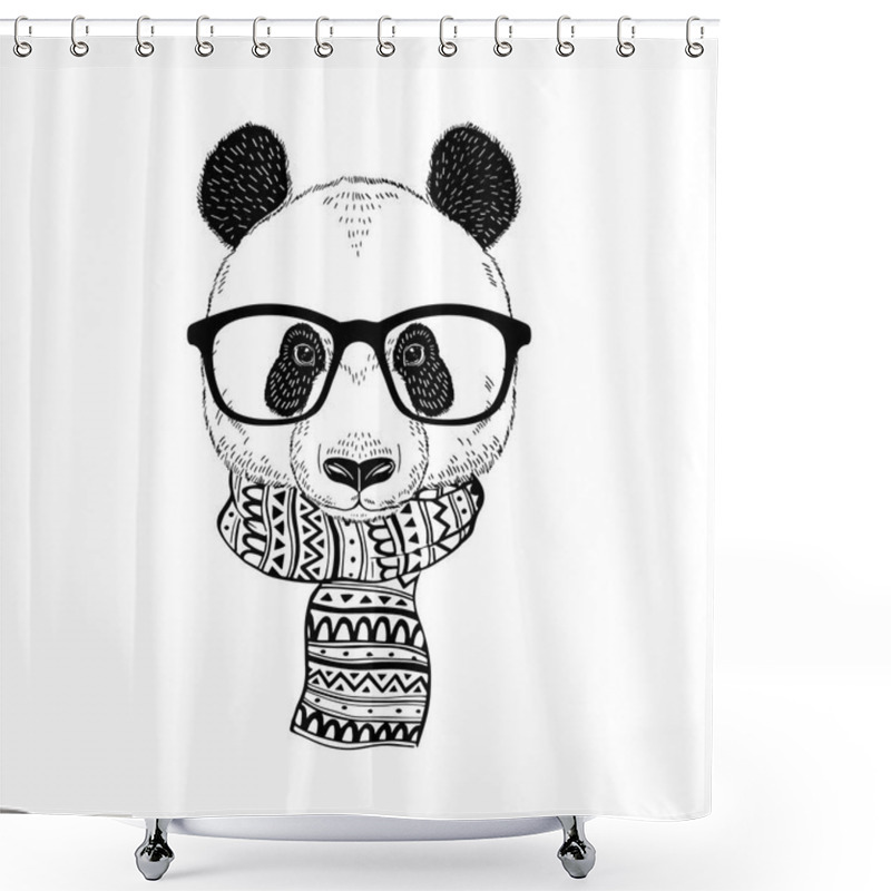 Personality  Panda Hipster Portrait In Glasses And Ornate Knitted Scarf. Hand Drawn Vector Illustration Shower Curtains