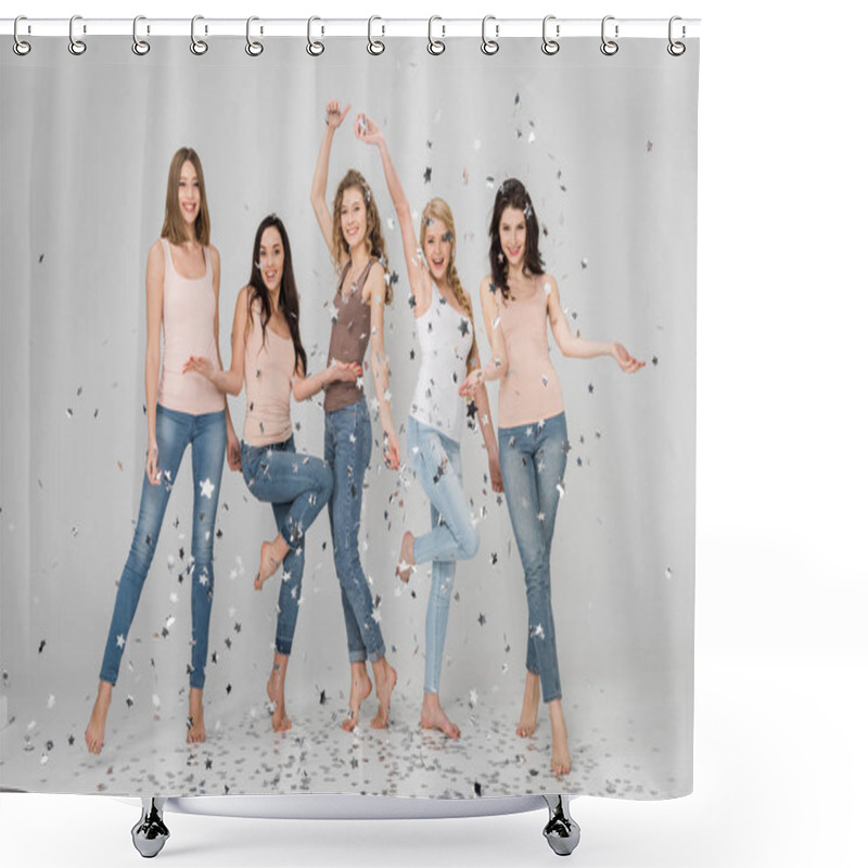 Personality  Happy Girls Standing And Smiling Near Confetti Stars Isolated On Grey Shower Curtains