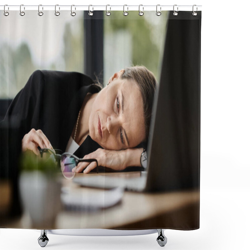 Personality  A Woman With A Laptop, Overwhelmed On A Desk. Shower Curtains