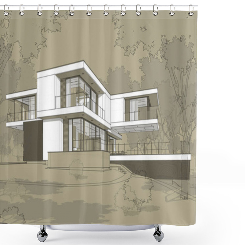 Personality  3d Rendering Sketch Of Modern Cozy House With Garage For Sale Or Rent. Black Line Sketch With White Spot And Hand Drawing Entourage On Craft Background. Shower Curtains