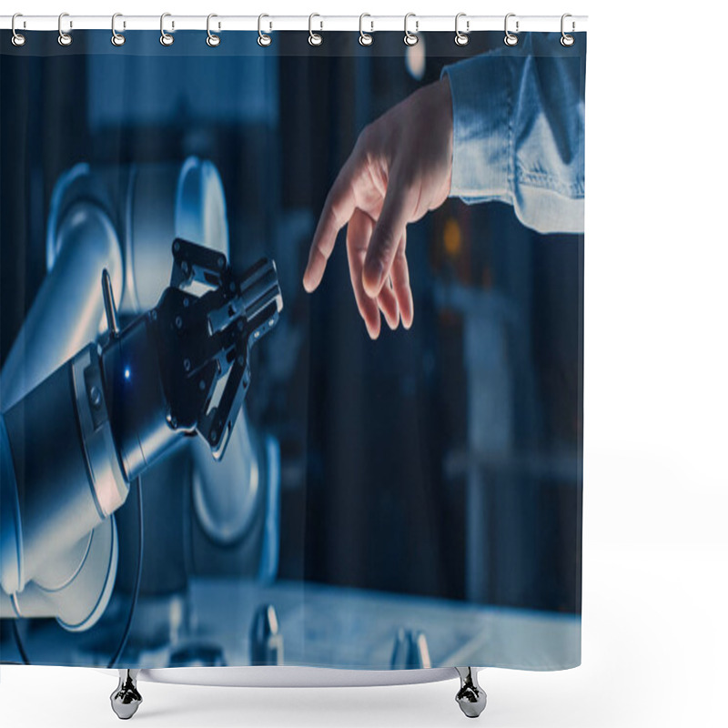 Personality  Futuristic Robot Arm Touches Human Hand In Humanity And Artificial Intelligence Unifying Gesture. Conscious Technology Meets Humanity. Concept Inspired By Michelangelo's Creation Of Adam Shower Curtains