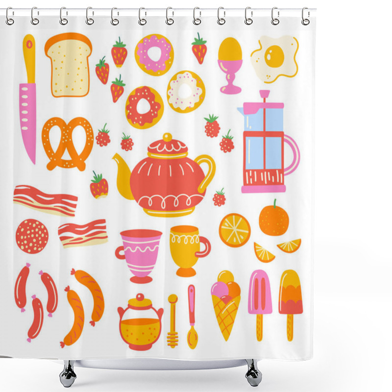 Personality  Breakfast Set With Kitchen Utensil And Appliance. Scandinavian Illustration Of Kitchen Elements In Flat Style. Funny Cartoon Texture With Hand Drawn Food Preparation And Kitchenware. Vector Clipart. Shower Curtains