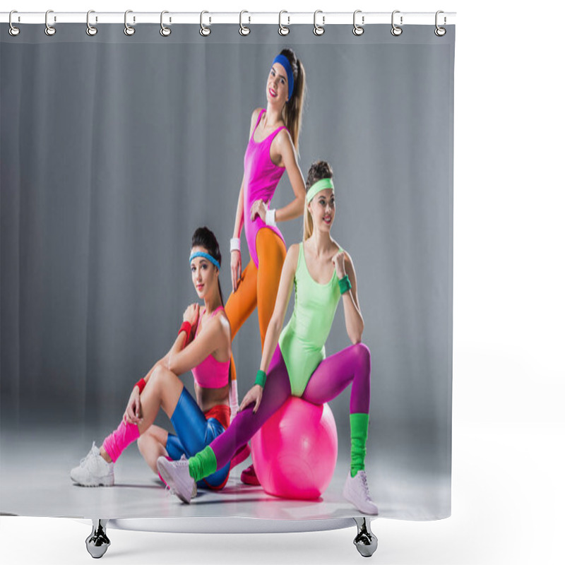 Personality  Beautiful Athletic Women In 80s Style Sportswear Posing Together On Grey Shower Curtains