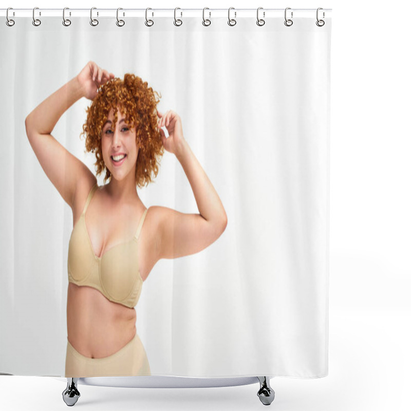 Personality  Carefree Redhead Woman With Beautiful Curvy Body Posing In Beige Lingerie On White, Self-confidence Shower Curtains