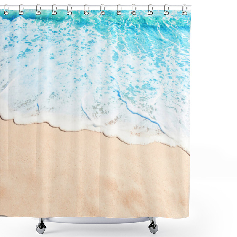 Personality  Blue Ocean Wave On Sandy Beach. Summer Day And Sand Beach Background Concept. Shower Curtains