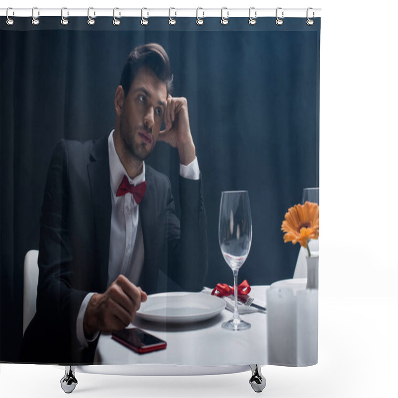 Personality  Elegant Man With Hand By Head Sitting By Smartphone On Served Table On Black Background With Smoke  Shower Curtains