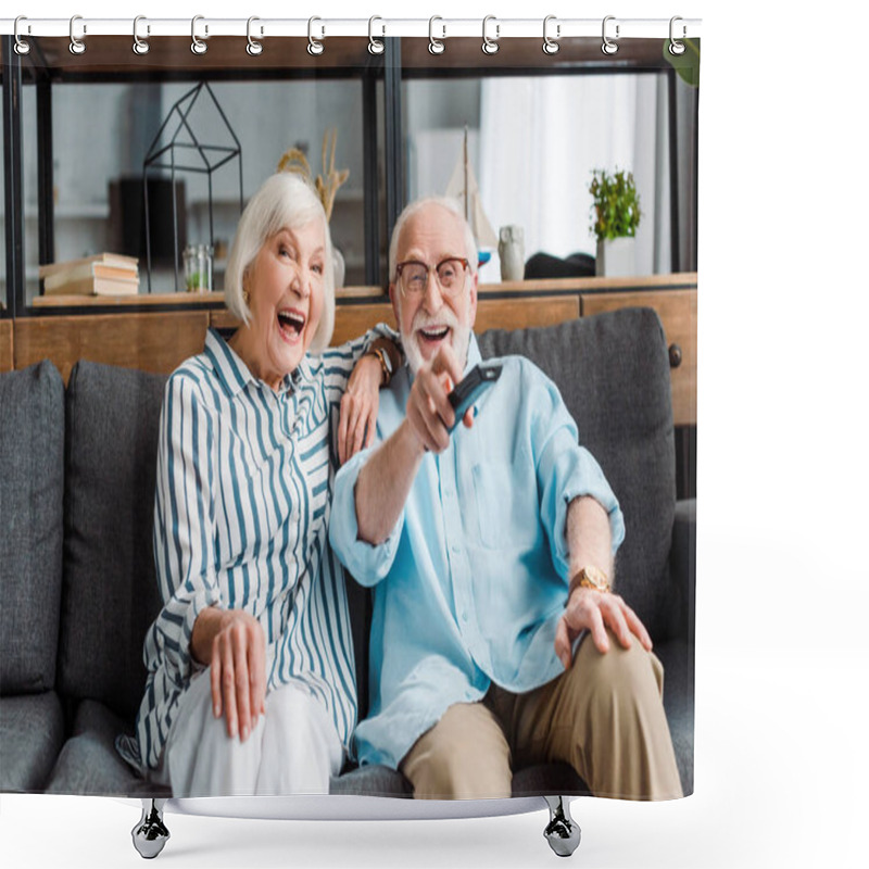 Personality  Senior Couple Laughing While Watching Tv On Couch In Living Room Shower Curtains