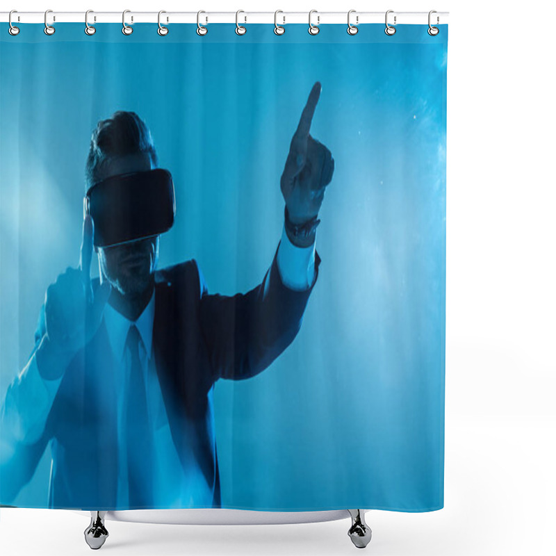 Personality  Businessman In Suit And Virtual Reality Headset Touching Something Isolated On Blue, Artificial Intelligence Concept Shower Curtains