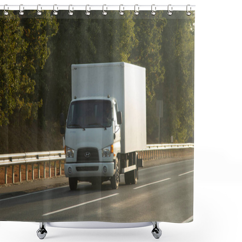 Personality  Truck Driving On The Asphalt Road In Summer Rural Landscape. Belgorod , Russia - SPT 23, 2020: Shower Curtains