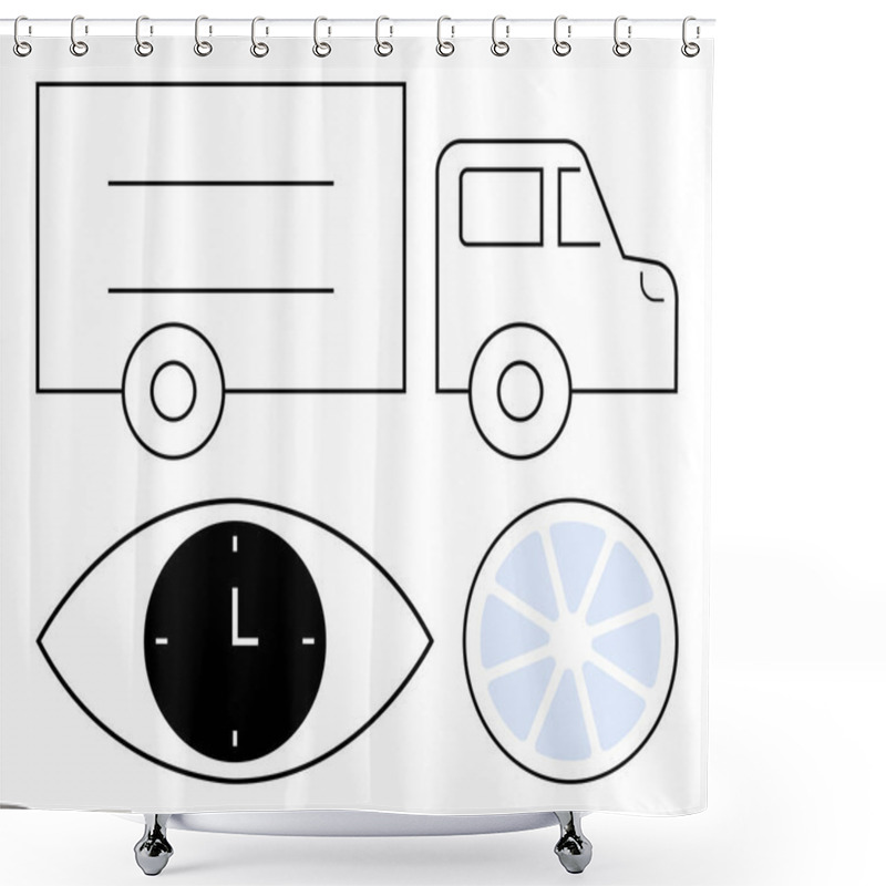 Personality  Truck Outline With Two Wheels, An Eye With A Clock Face In The Pupil, And A Segmented Circular Motif. Ideal For Logistics, Delivery, Efficiency, Vision, Time Management, Focus Abstract Line Flat Shower Curtains